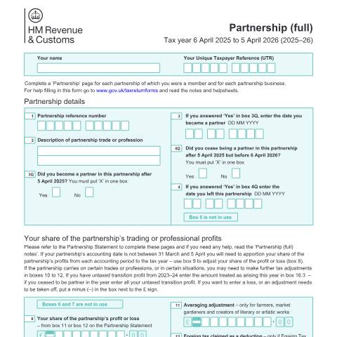 Document preview: Self Assessment: Partnership (full) (SA104F) — HM Revenue & Customs, United Kingdom