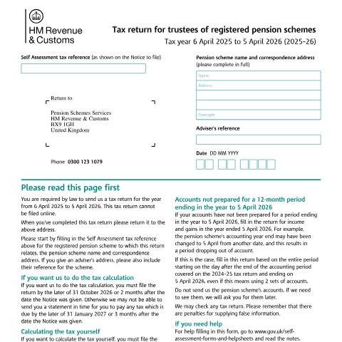 Document preview: Self Assessment: Tax Return for Trustees of Registered Pension Schemes (SA970) — HM Revenue & Customs, United Kingdom