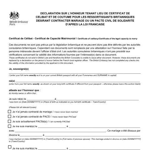 Document preview: Self declaration form for marriage or civil partnership (PACS) in France — Foreign, Commonwealth & Development Office, United Kingdom