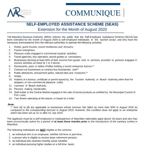 Document preview: Self-Employed Assistance Scheme (SEAS) — Notice / Circular, Mauritius (CERFA n°CommuniqueSEAS250820)