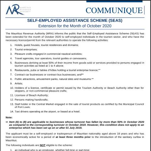 Document preview: Self-Employed Assistance Scheme (SEAS) — Notice / Circular, Mauritius (CERFA n°CommuniqueSEAS231020)