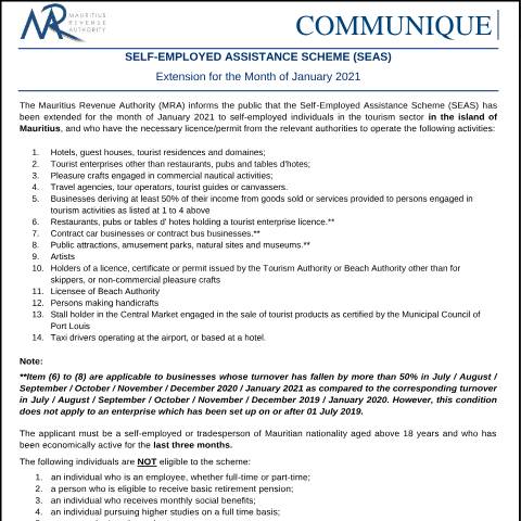 Document preview: Self-Employed Assistance Scheme (SEAS) — Document, Mauritius (CERFA n°SEASJanuary2021)
