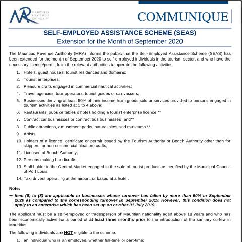 Document preview: Self-Employed Assistance Scheme (SEAS) — Notice / Circular, Mauritius (CERFA n°CommuniqueSEAS131020)