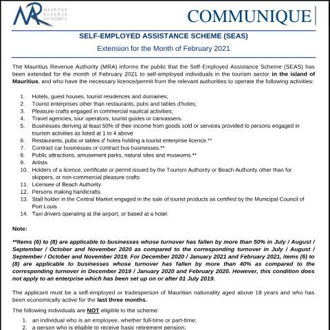 Document preview: Self-Employed Assistance Scheme (SEAS) — Document, Mauritius (CERFA n°SEASFebruary2021)
