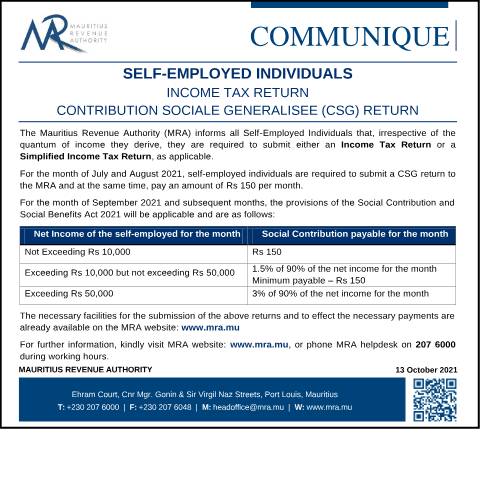Document preview: Self-Employed Individuals: Income Tax Return / Contribution Sociale Generalisée (CSG) Return (13.10.21) — Form, Mauritius (CERFA n°CommuniqueCSG131021)