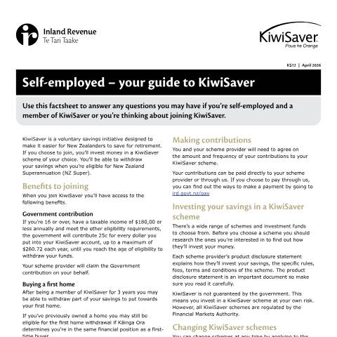 Document preview: Self-employed – your guide to KiwiSaver — KiwiSaver, New Zealand (CERFA n°KS12)