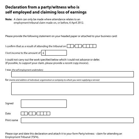 Document preview: Self-employed party or witness declaration for loss of earnings claims: Form T439 — HM Courts & Tribunals Service, United Kingdom