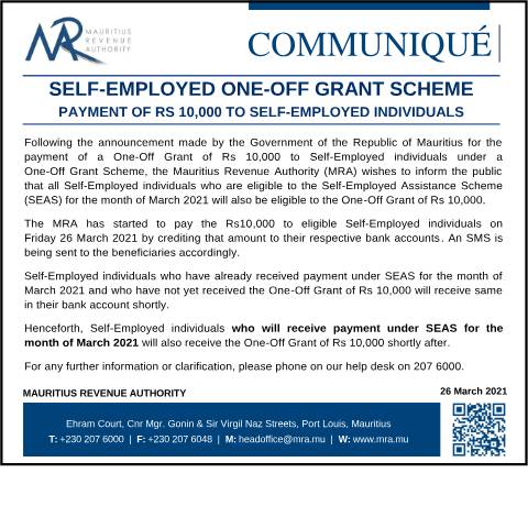 Document preview: Self-Employed One-Off Grant Scheme - Payment of Rs 10,000 to Self-Employed Individuals (26.03.21) — Document, Mauritius (CERFA n°SEASGrant260321)