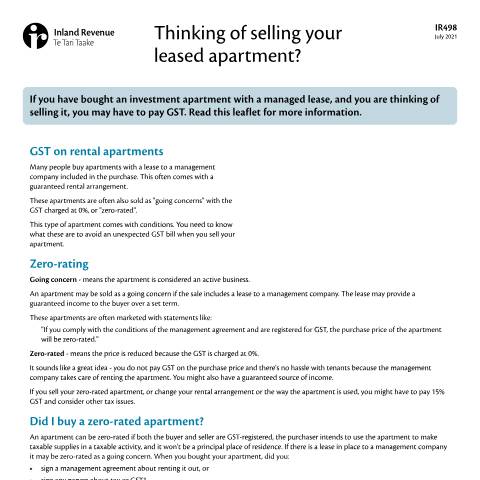 Document preview: Thinking of selling your leased apartment? — Property, New Zealand (CERFA n°IR498)