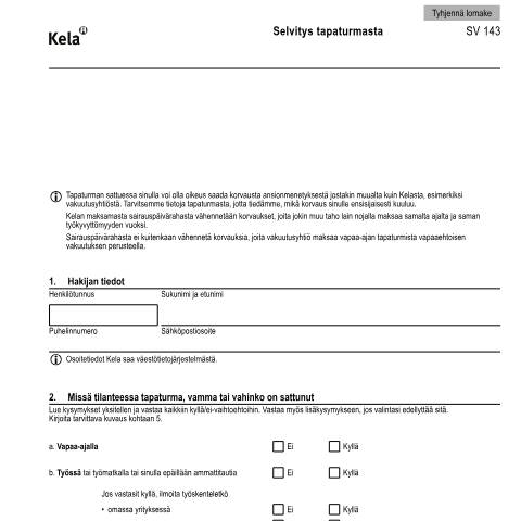 Document preview: Selvitys tapaturmasta — Kuntoutus, Suomi (CERFA n°Kela SV 143)