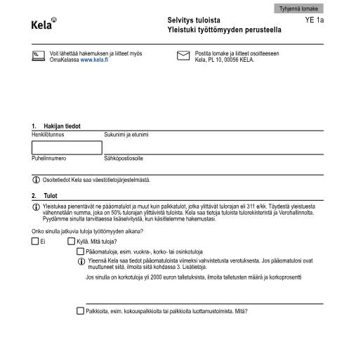 Document preview: Selvitys tuloista - Yleistuki työttömyyden perusteella — Työttömyys, Suomi (CERFA n°Kela YE 1a)