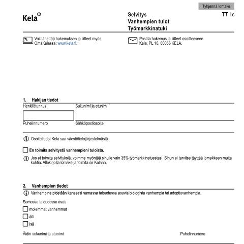 Document preview: Selvitys - Vanhempien tulot - Työmarkkinatuki — Työttömyys, Suomi (CERFA n°Kela TT 1c)