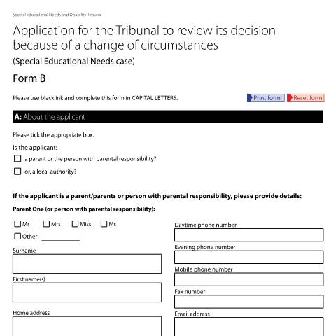 Document preview: Apply for a review of a special educational needs case decision: Form SEND20B — HM Courts & Tribunals Service, United Kingdom