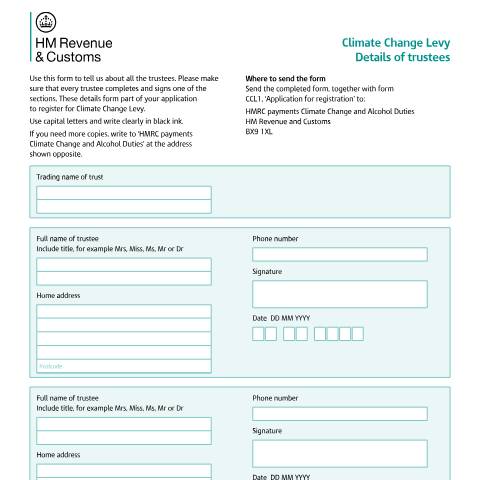 Document preview: Send details of trustees for Climate Change Levy — HM Revenue & Customs, United Kingdom