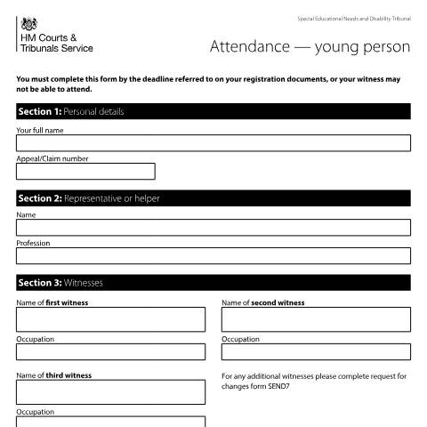 Document preview: Attendance form - young person: Form SEND11YP — HM Courts & Tribunals Service, United Kingdom