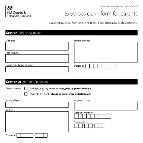 Document preview: Expenses claim for parents: Form SEND15A — HM Courts & Tribunals Service, United Kingdom
