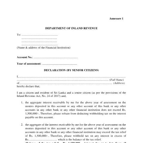 Document preview: Form for Declaration by Senior Citizens to the Financial Institutions — Other, Sri Lanka
