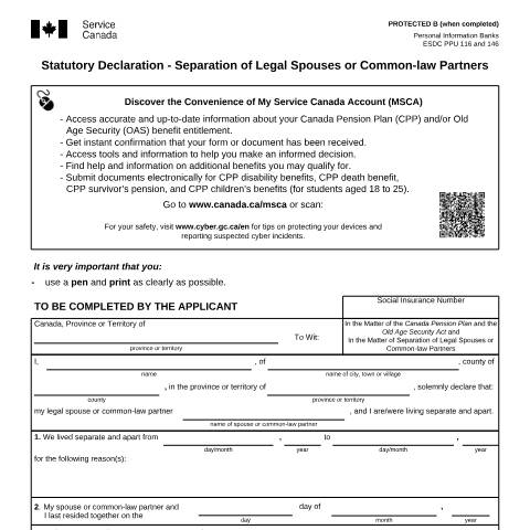 Document preview: Statutory Declaration - Separation of Legal Spouses and Common-law Partners — Income Security Programs, Canada (CERFA n°ISP1811CPP)