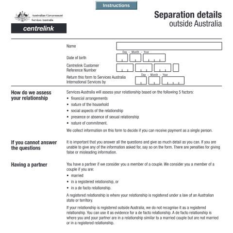 Document preview: Separation details outside Australia — Services Australia — Individuals (by code), Australia (CERFA n°AUS184)