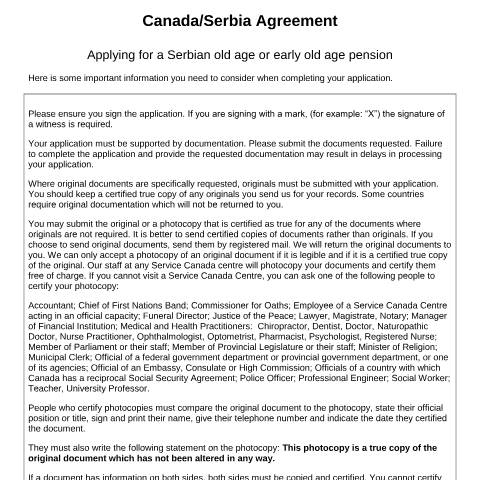 Document preview: Serbia/Canada Agreement - Application for a Serbian old age or early old age pension — Income Security Programs, Canada (CERFA n°CAN_SRB_2)