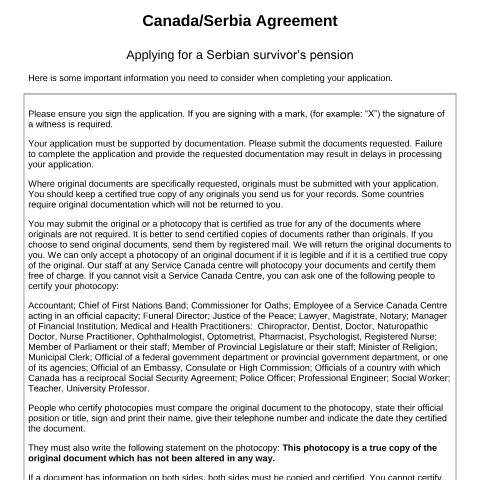 Document preview: Serbia/Canada Agreement - Application for a Serbian survivor’s pension — Income Security Programs, Canada (CERFA n°CAN_SRB_4)