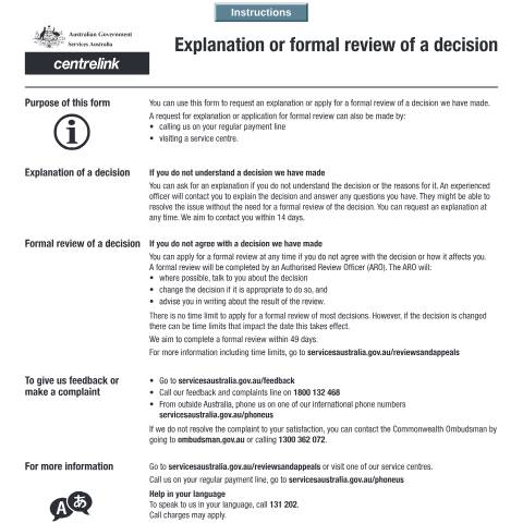 Document preview: Explanation or formal review of a decision — Services Australia — Individuals (by code), Australia (CERFA n°SS351)