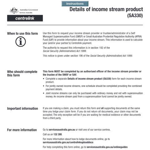 Document preview: Details of income stream product — Services Australia — Individuals (by code), Australia (CERFA n°SA330)