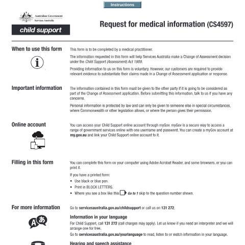 Document preview: Request for medical information — Services Australia — Individuals (by code), Australia (CERFA n°CS4597)