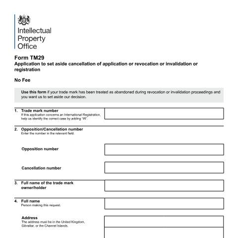 Document preview: Application to set aside cancellation of application; revocation; invalidation or registration — Intellectual Property Office, United Kingdom