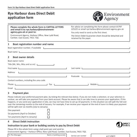 Document preview: Set up a Direct Debit for Rye Harbour dues — Environment Agency, United Kingdom