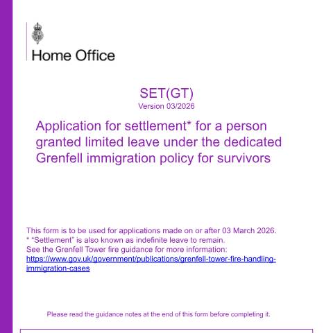 Document preview: Settle in the UK as a Grenfell Tower survivor: form SET(GT) — UK Visas and Immigration, United Kingdom