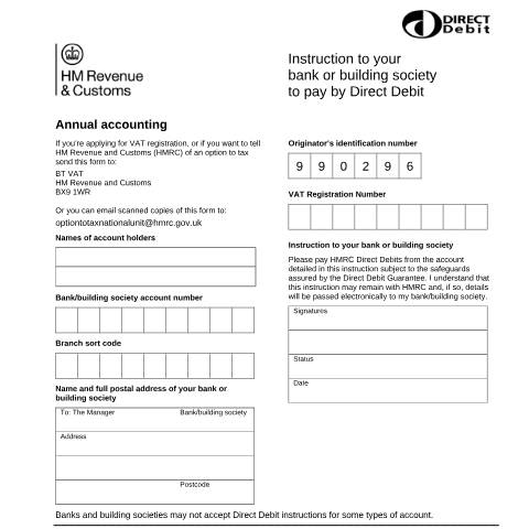 Document preview: Set up a Direct Debit for VAT Annual Accounting Scheme payments — HM Revenue & Customs, United Kingdom