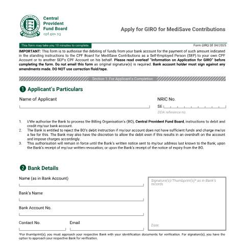 Document preview: Set up GIRO for MediSave contributions — CPF / Member Forms, Singapore (CERFA n°FORM_GIRO_SEVC)