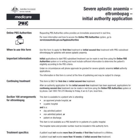Document preview: Severe aplastic anaemia - eltrombopag - initial authority application form (PB362) — Services Australia — Health professionals, Australia (CERFA n°PB362)