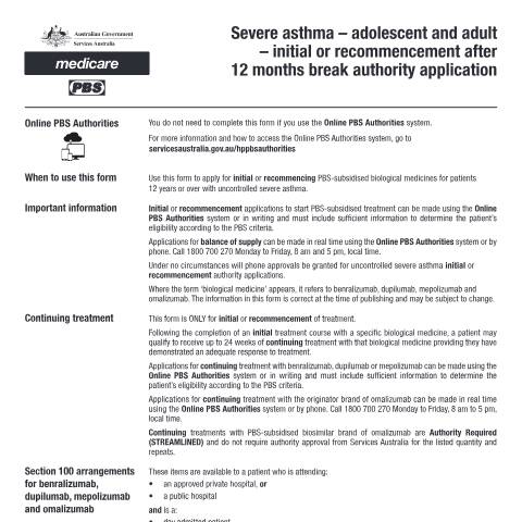 Document preview: Severe asthma - adolescent and adult - initial or recommencement after 12 months break authority application form (PB075) — Services Australia — Health professionals, Australia (CERFA n°PB075)