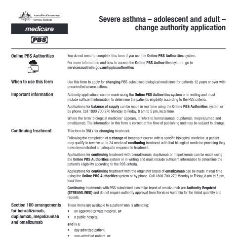 Document preview: Severe asthma - adolescent and adult - change authority application form (PB285) — Services Australia — Health professionals, Australia (CERFA n°PB285)