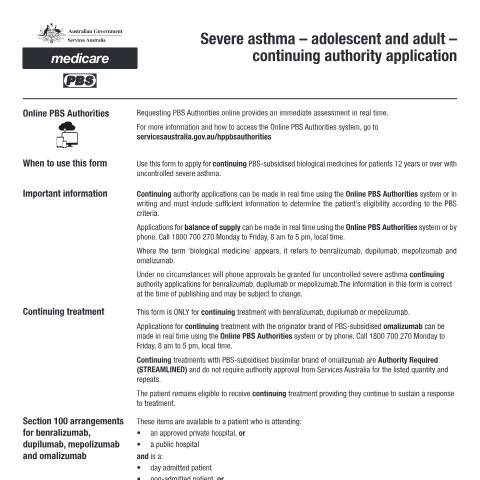 Document preview: Severe asthma - adolescent and adult - continuing authority application form (PB076) — Services Australia — Health professionals, Australia (CERFA n°PB076)