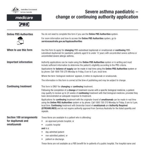 Document preview: Severe asthma paediatric - change or continuing authority application form (PB385) — Services Australia — Health professionals, Australia (CERFA n°PB385)