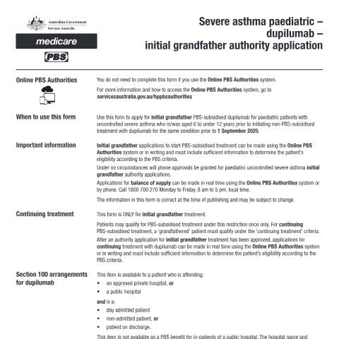 Document preview: Severe asthma paediatric - dupilumab - initial grandfather authority application form (PB386) — Services Australia — Health professionals, Australia (CERFA n°PB386)