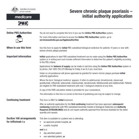 Document preview: Severe chronic plaque psoriasis - initial authority application form (PB112) — Services Australia — Health professionals, Australia (CERFA n°PB112)