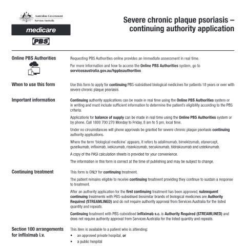 Document preview: Severe chronic plaque psoriasis - continuing authority application form (PB113) — Services Australia — Health professionals, Australia (CERFA n°PB113)