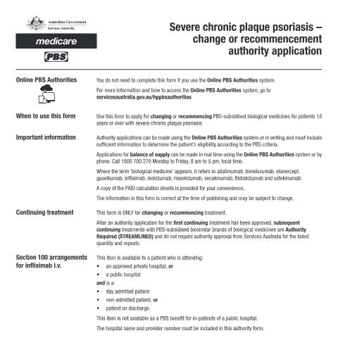 Document preview: Severe chronic plaque psoriasis - change or recommencement authority application form (PB263) — Services Australia — Health professionals, Australia (CERFA n°PB263)