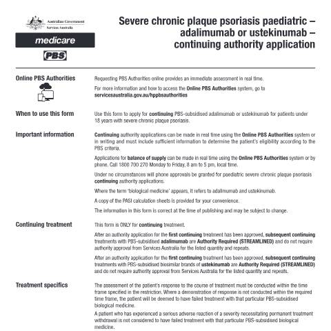 Document preview: Severe chronic plaque psoriasis paediatric - adalimumab or ustekinumab - continuing authority application form (PB319) — Services Australia — Health professionals, Australia (CERFA n°PB319)
