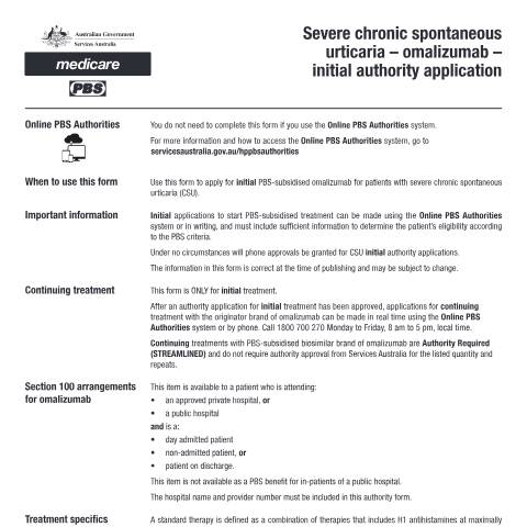 Document preview: Severe chronic spontaneous urticaria - omalizumab - initial authority application form (PB223) — Services Australia — Health professionals, Australia (CERFA n°PB223)