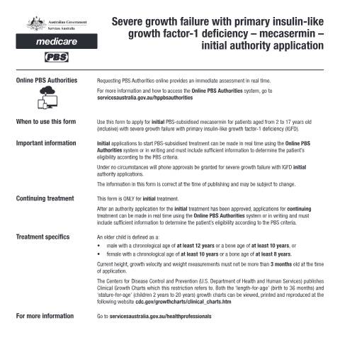 Document preview: Severe growth failure with primary insulin-like growth factor-1 deficiency - mecasermin - initial authority application form (PB336) — Services Australia — Health professionals, Australia (CERFA n°PB336)