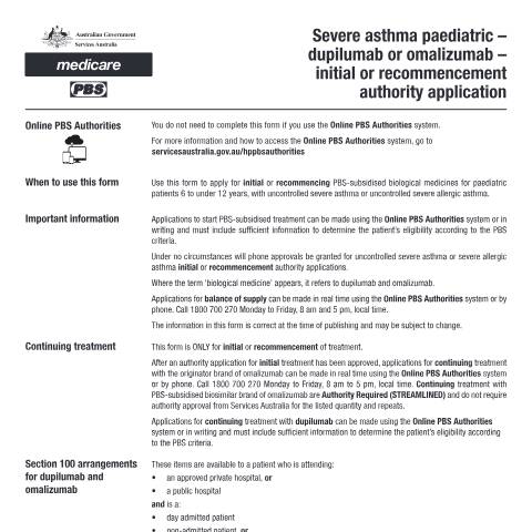 Document preview: Severe asthma paediatric - dupilumab or omalizumab - initial or recommencement authority application form (PB188) — Services Australia — Health professionals, Australia (CERFA n°PB188)