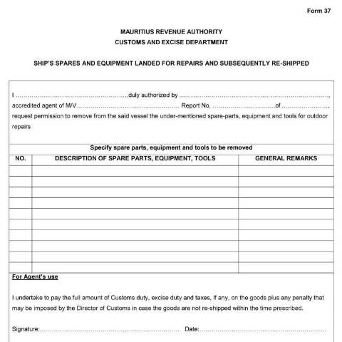 Document preview: Ship's Spares and Equipment landed for Repairs and subsequently re-shipped — Document, Mauritius (CERFA n°Form37ShipSparesandEquipmentLandedforRepairsandSubsequentlyReShipped)