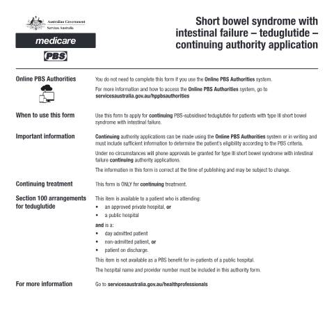 Document preview: Short bowel syndrome with intestinal failure - teduglutide - continuing authority application form (PB276) — Services Australia — Health professionals, Australia (CERFA n°PB276)