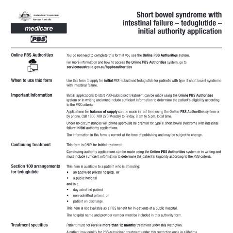 Document preview: Short bowel syndrome with intestinal failure - teduglutide - initial authority application form (PB275) — Services Australia — Health professionals, Australia (CERFA n°PB275)