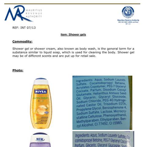 Document preview: Classification for Shower Gels — Document, Mauritius (CERFA n°ShowerGels)